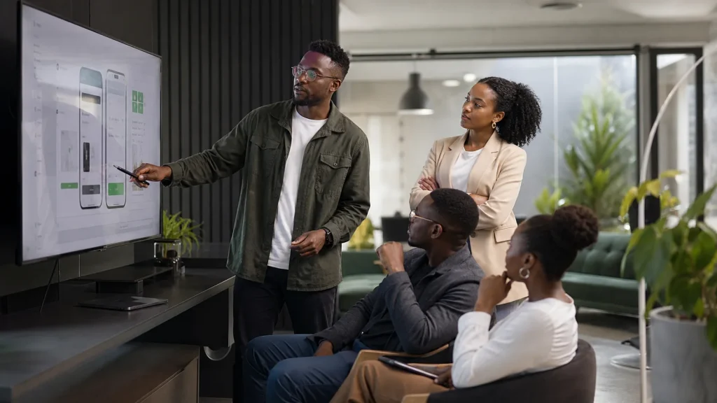 African software professionals reviewing a digital product with a business leader