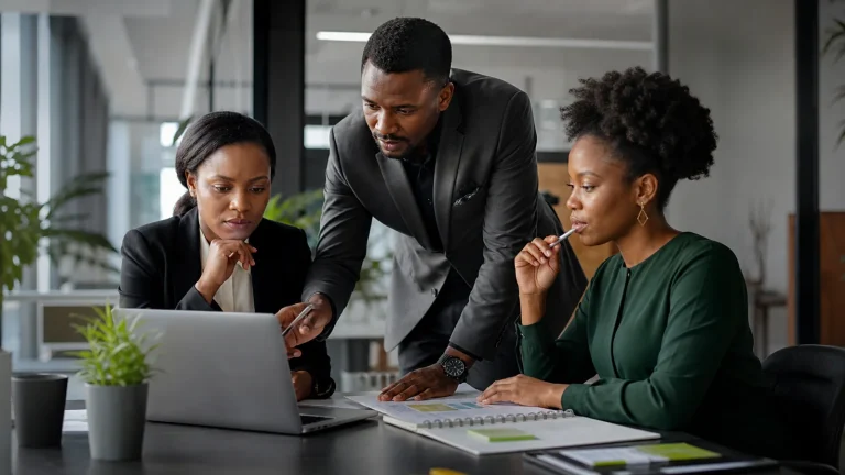 African business managers reviewing operational information with a technology consultant