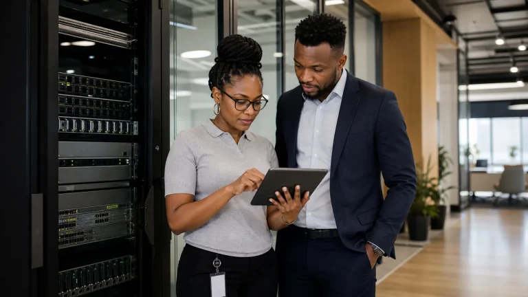 African network engineer reviewing office connectivity equipment with an operations manager