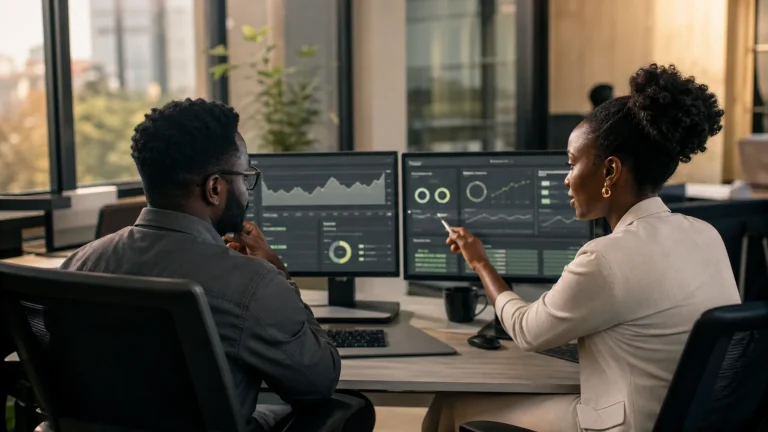 African software support specialist reviewing system health with a business operations leader
